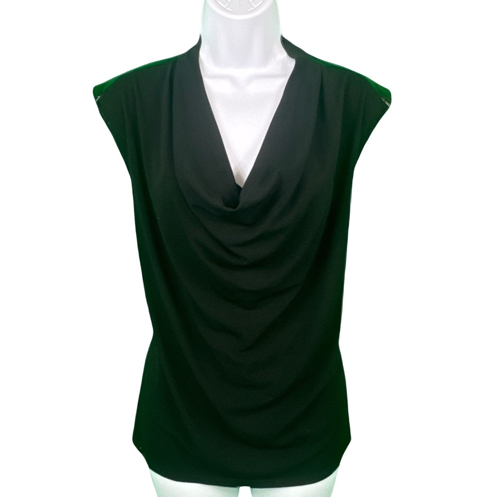 Ann Taylor black faux leather trim sleeveless drape front v neck top - Large